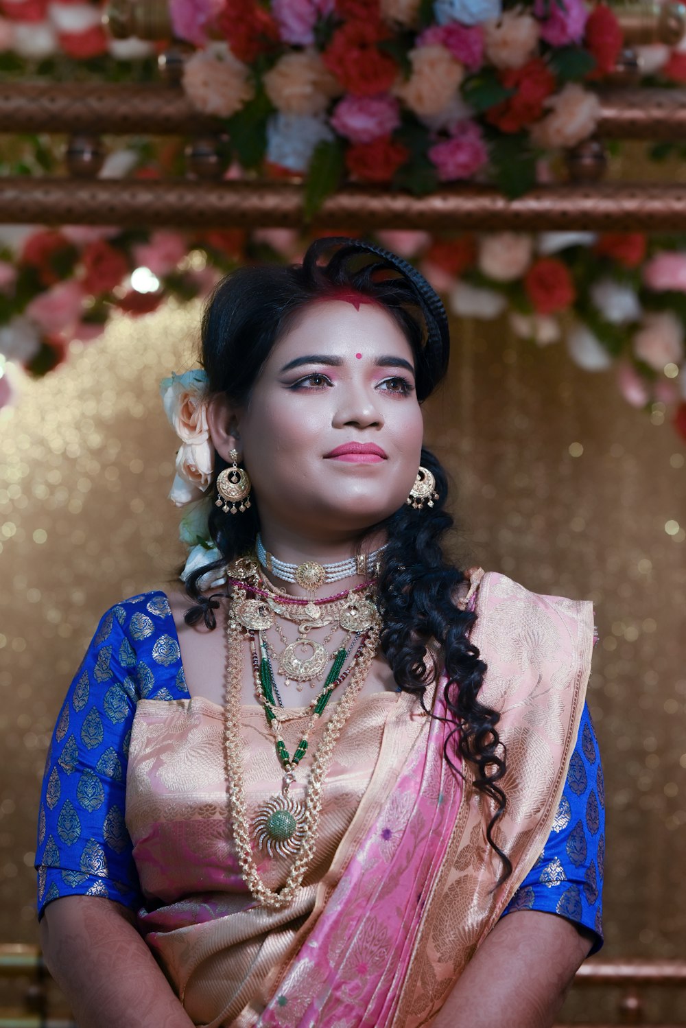 Blue-and-gold figured saree with woven hunt motifs