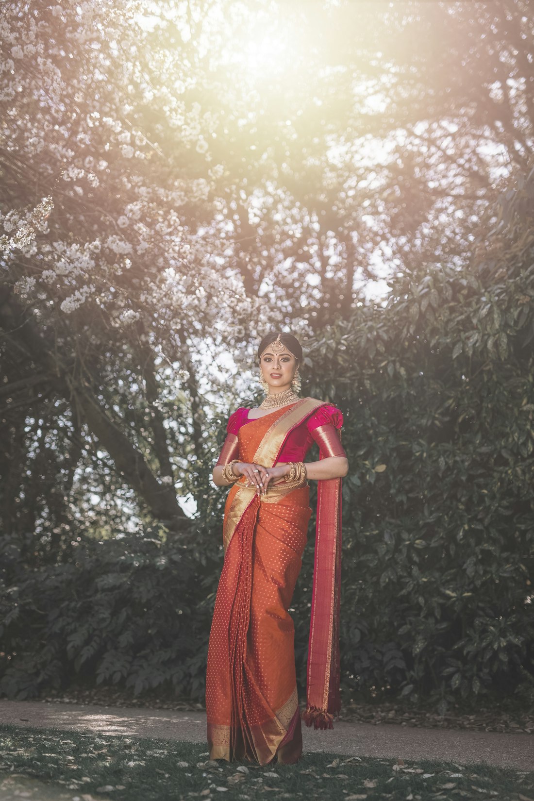 Red and brown saree under a neem tree
